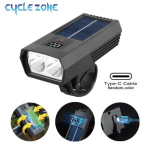 Solar Charging LED Bicycle Front Light MTB Road Bicycle Digital Display Headlight Type-C Rechargeable Lamp Cycling Accessories