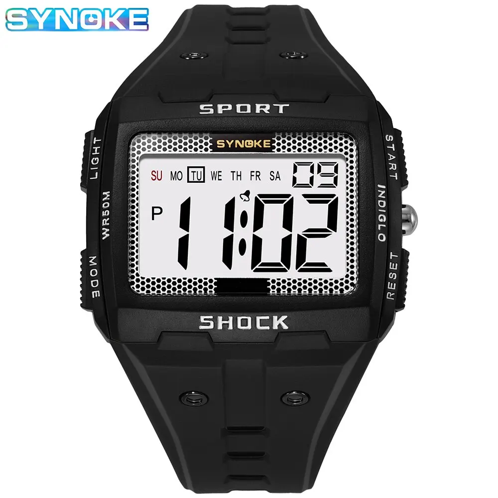 SYNOKE New For Men Sports Electronic Watch Waterproof Night Glow Large Screen Square Outdoor Running Camping Student Watch - black