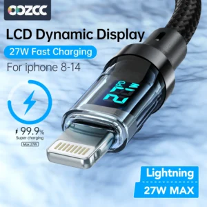 PD 27W Fast Charge Cable LCD Display Transparent Shell Data Transfer, USB A Type-C to Lightning Cord for iPhone 14 Pro Max/13/12