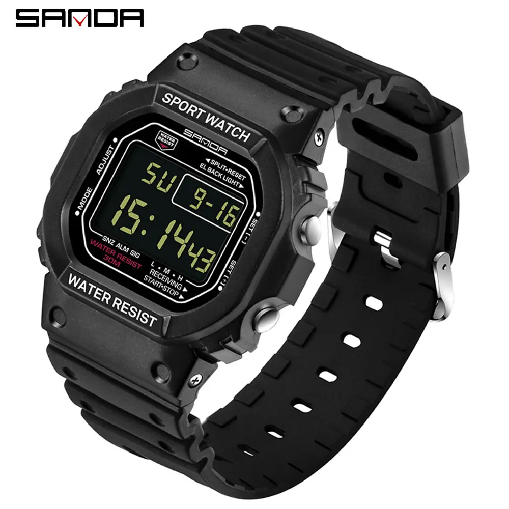 SANDA G Style LED Digital Watch Unisex Shockproof Waterproof Sports Watches Boy Girl Stopwatch Military LED Electronic Clock - Ms 329 Black